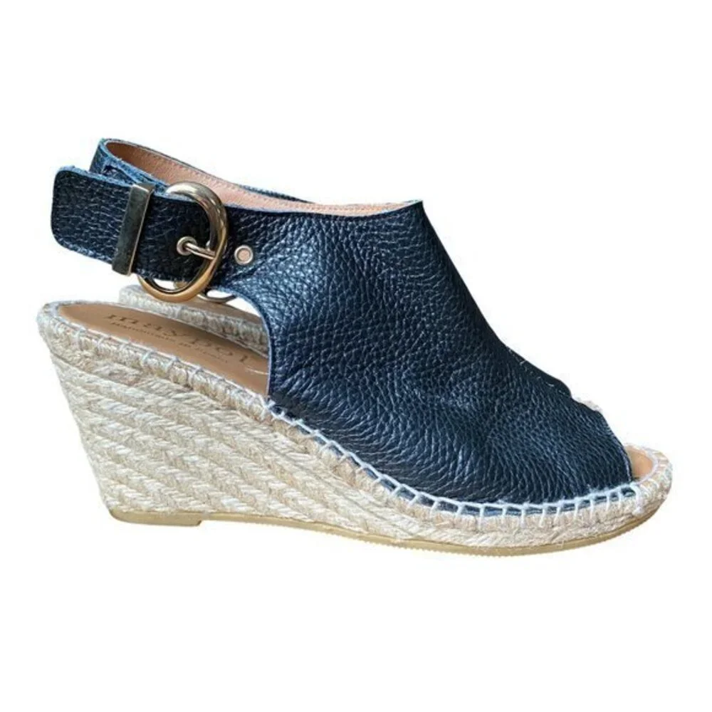 Maypol - Black Leather Peep Toe Slingback Ankle Espadrille Sandal - Size 40